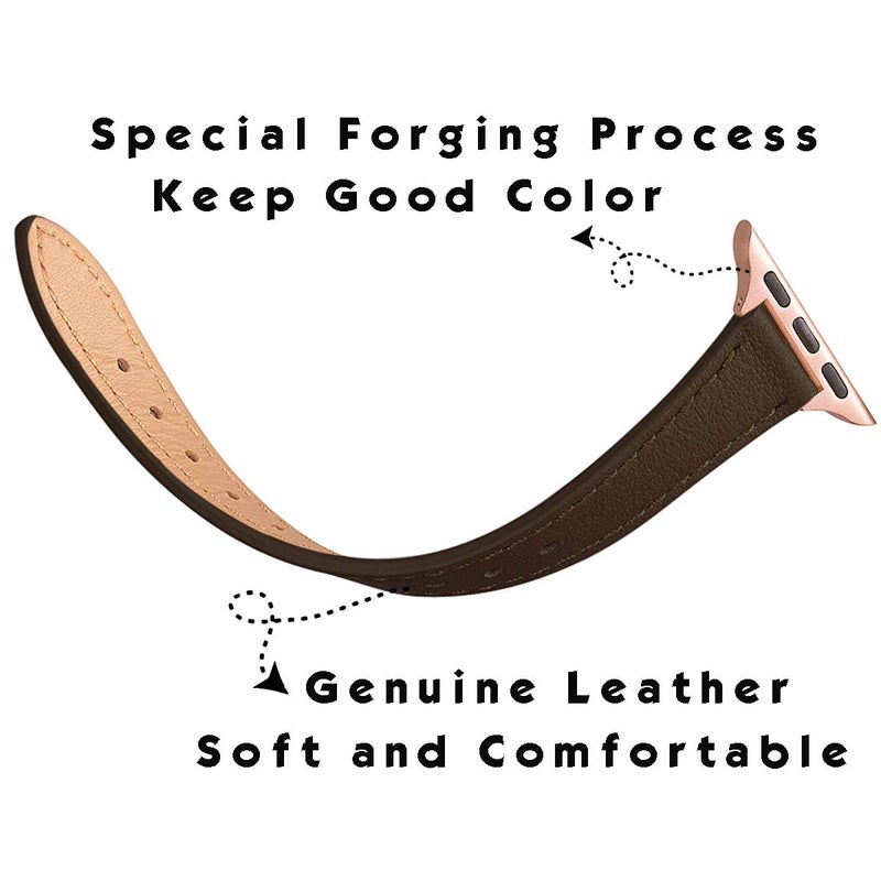 STIROLL Slim Leather Bands Compatible with Apple Watch Band 38mm 40mm 41mm 42mm 44mm 45mm 49mm,Top Grain Leather Watch Thin Wristband for iWatch Ultra SE Series 8/7/6/5/4/3/2/1(Coffee with Rose Gold) - Image 3